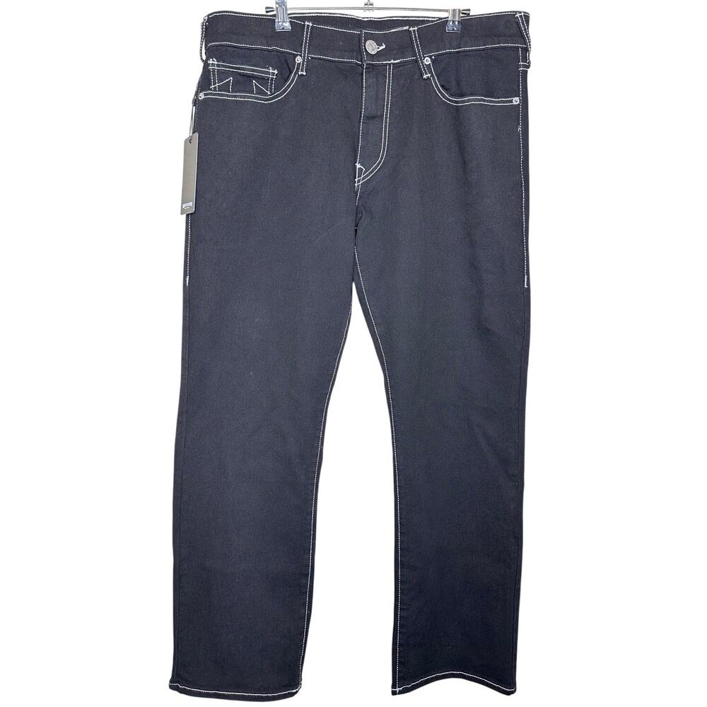 True Religion Ricky Relaxed Straight Jeans Black Denim Contrast Stitch 36x30 NWT